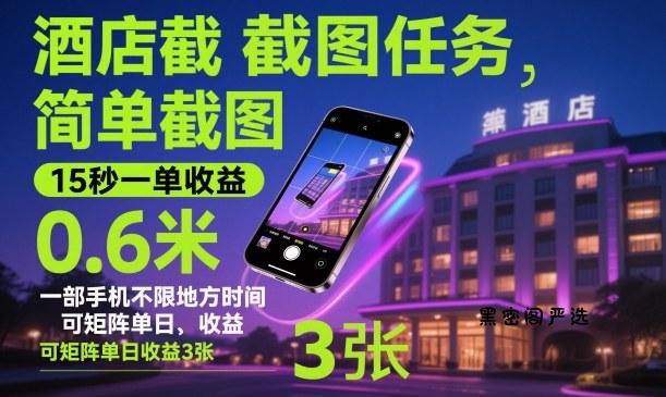 酒店截图任务，简单截图，15秒一单收益0.6米，一部手机不限地方时间，可矩阵单日收益3张【揭秘】-HeiMiGe