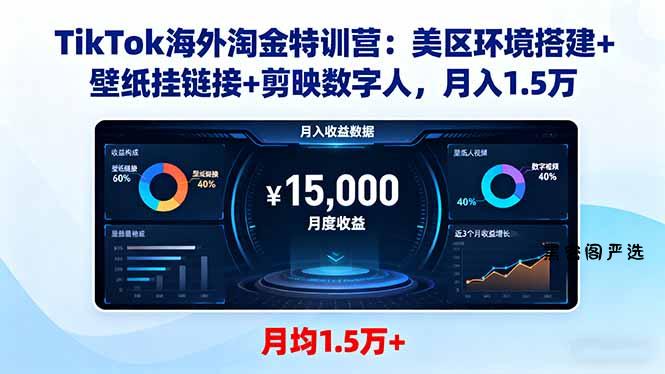TikTok海外淘金特训营：美区环境搭建+壁纸挂链接+剪映数字人，月入1.5万-HeiMiGe