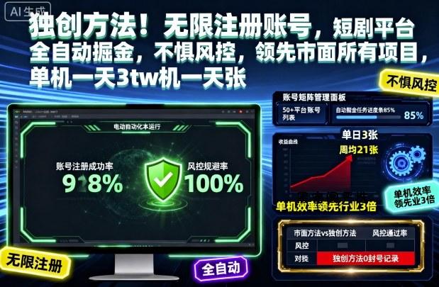 独创方法！无限注册账号，短剧平台全自动掘金，不惧风控，领先市面所有项目，单机一天3张【揭秘】-HeiMiGe
