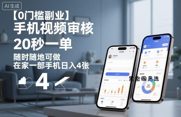 【0门槛副业】手机视频审核，20秒一单，随时随地可做，在家一部手机日入4张【揭秘】-HeiMiGe