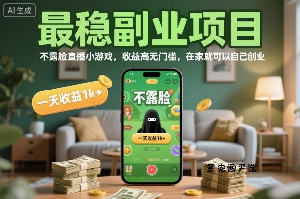 最稳副业项目，不露脸直播小游戏，收益高无门槛，一天收益1k+，在家就可以自己创业【揭秘】-HeiMiGe