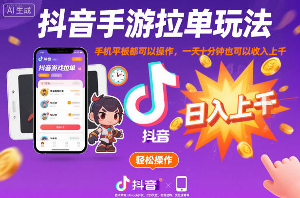 抖音手游拉单玩法，手机平板都可以操作，一天十分钟也可以收入上K【揭秘】-HeiMiGe