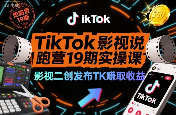 TikTok影视解说陪跑营19期实操课，影视二创发布TK賺取收益，万播收益50美金-黑密阁